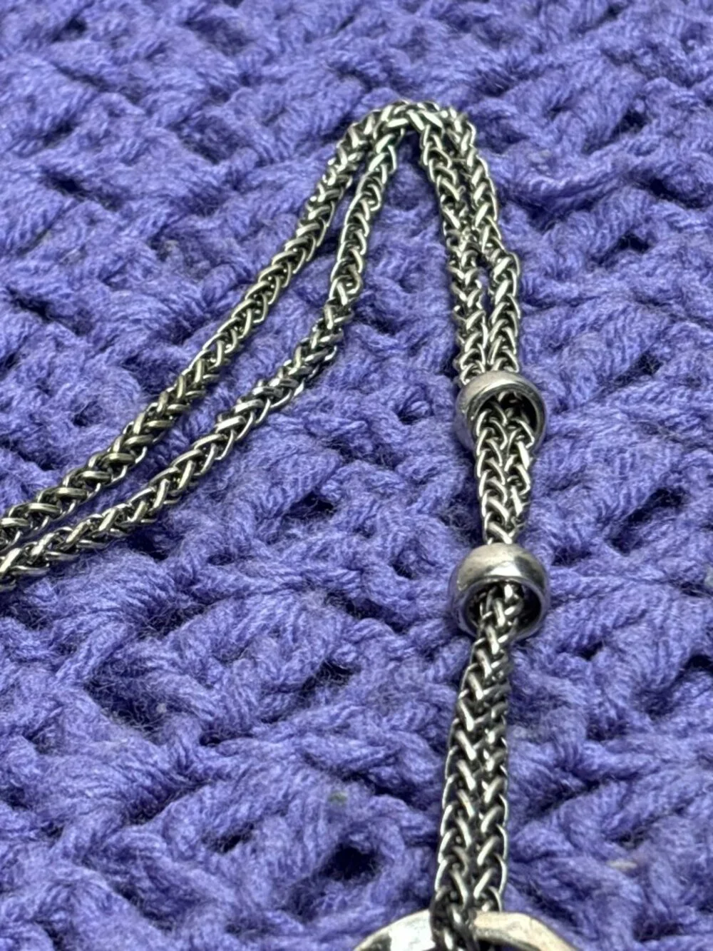 Chunky Silvertone Textured Necklace Double Chain Statement 34 - 37 inches Long